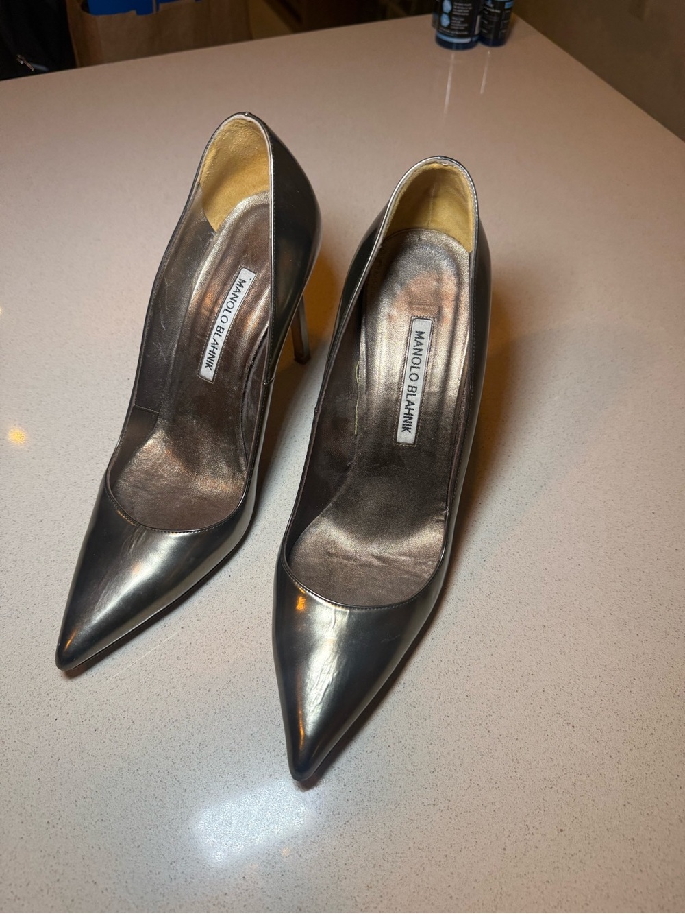 Manolo Blahnik Metallic Silver Pointed Toe Stiletto Pumps